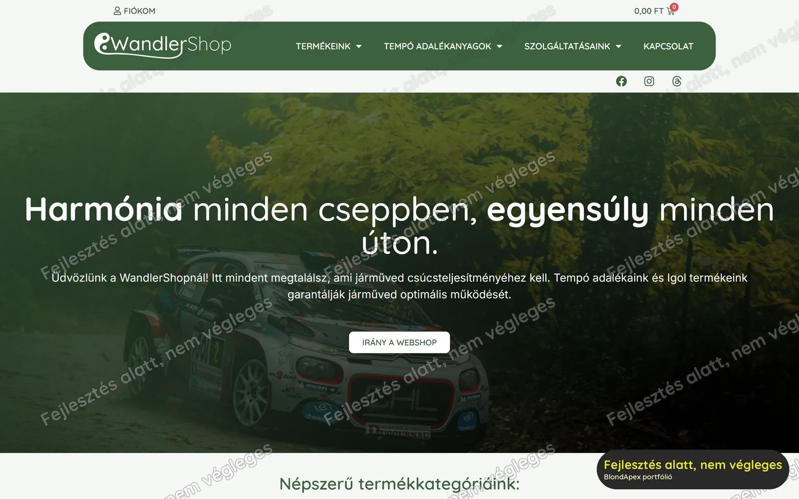 A wandler.hu fejlesztés alatt álló új főoldala: „Harmónia minden cseppben, egyensúly minden úton.” Vízjellel: nem végleges.